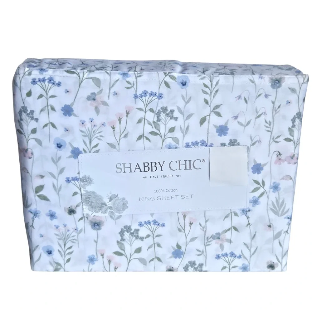 Shabby Chic 4pc Cottagecore Multi Floral Cotton King Sheet‎ Set White Background